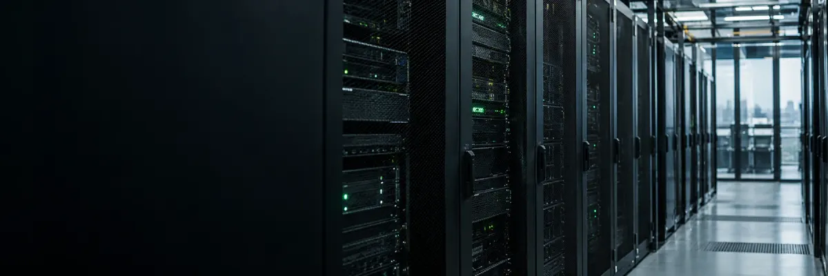 A corridor of server racks in a modern data center