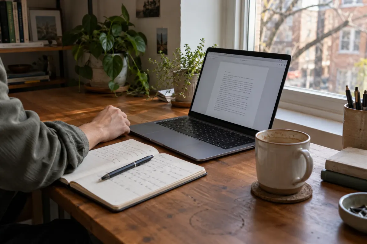A laptop and notebook on a desk used for reviewing work