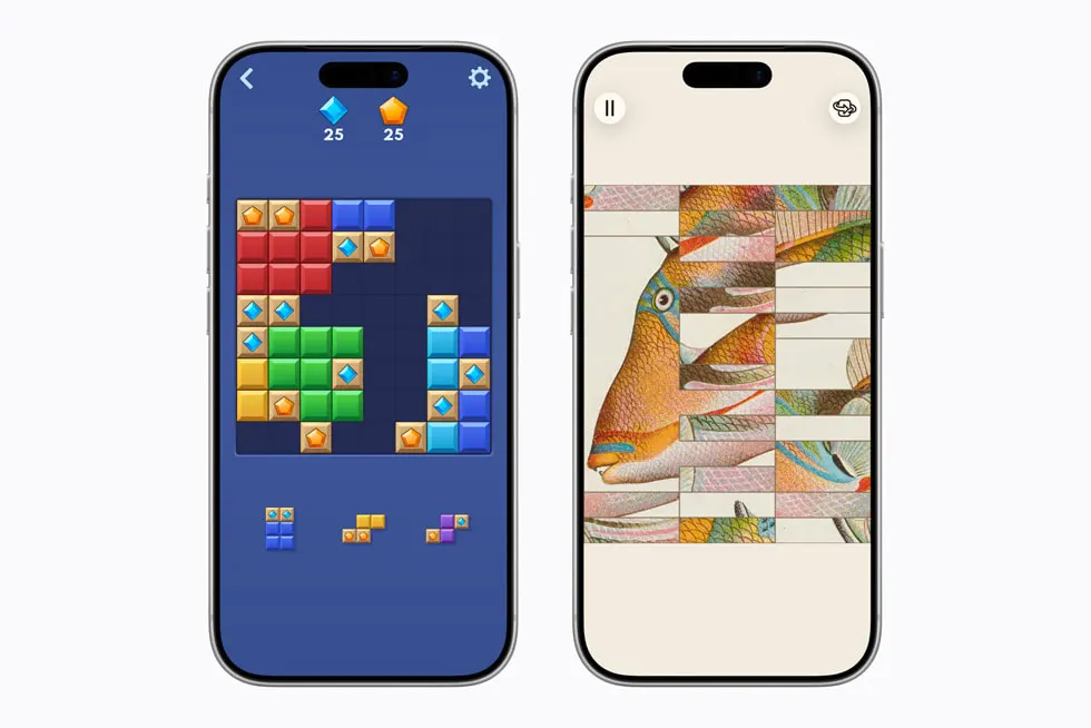 Two iPhones display Block Blast!+ and Art of Fauna: Cozy Puzzles+