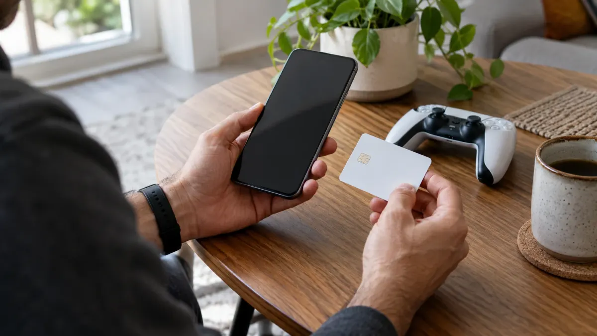 Hands hold an unbranded phone and blank payment card beside a game controller