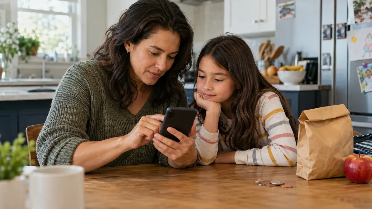 A parent and child look at a phone together beside a school lunch bag
