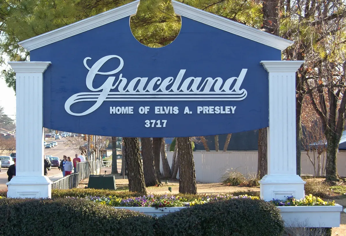 Graceland's blue entrance sign in Memphis, photographed in 2011