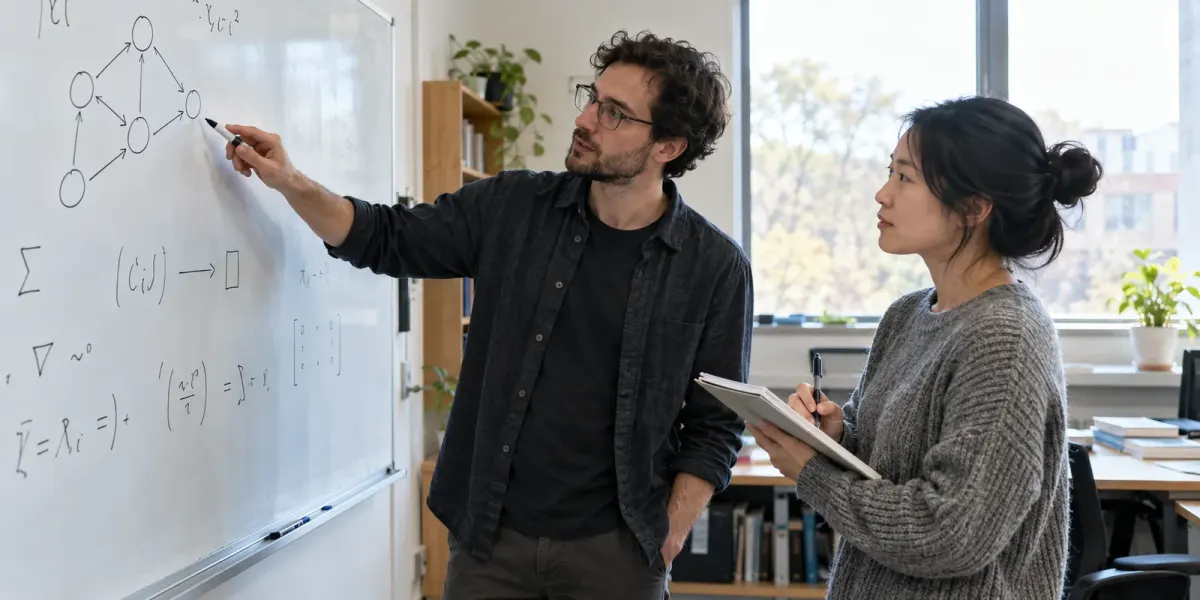 Two researchers discuss a small graph on a whiteboard while checking a notebook