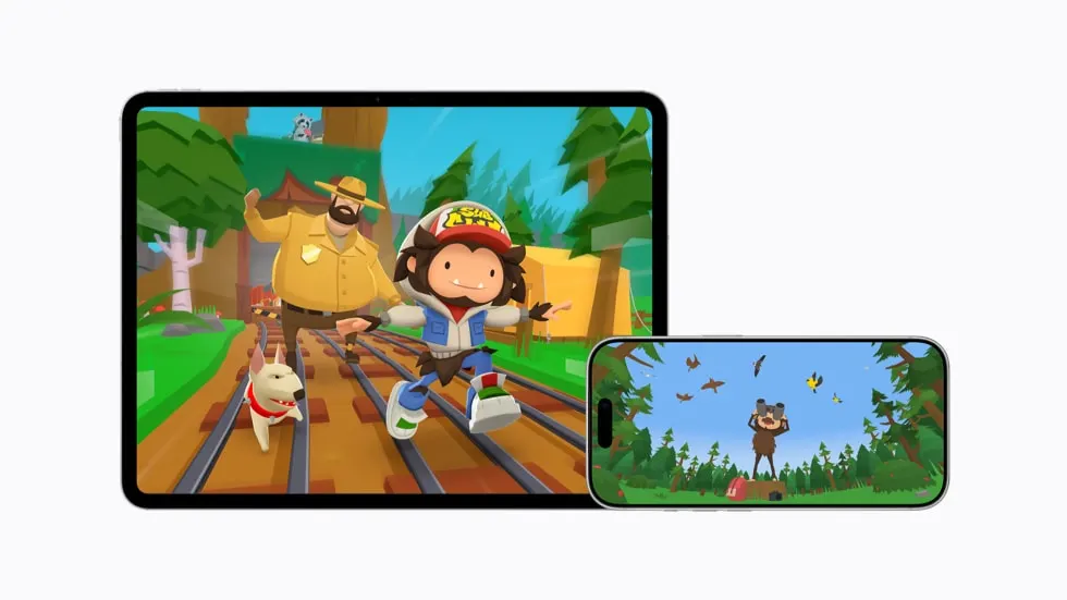 An iPad displays the Sasquatch-themed Subway Surfers+ crossover beside an iPhone showing birdwatching in Sneaky Sasquatch