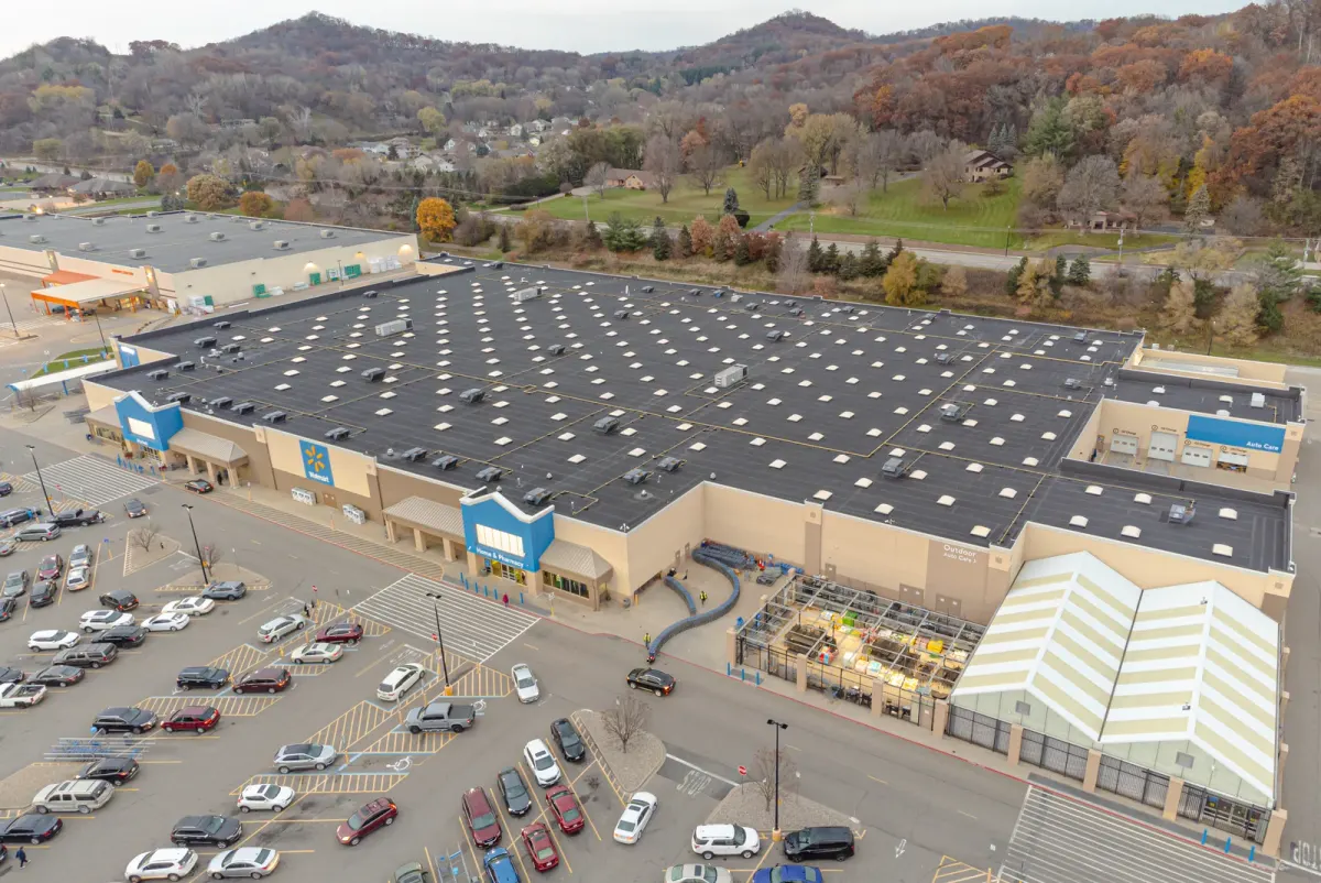 An aerial view of a Walmart store in Onalaska, Wisconsin, photographed in 2023
