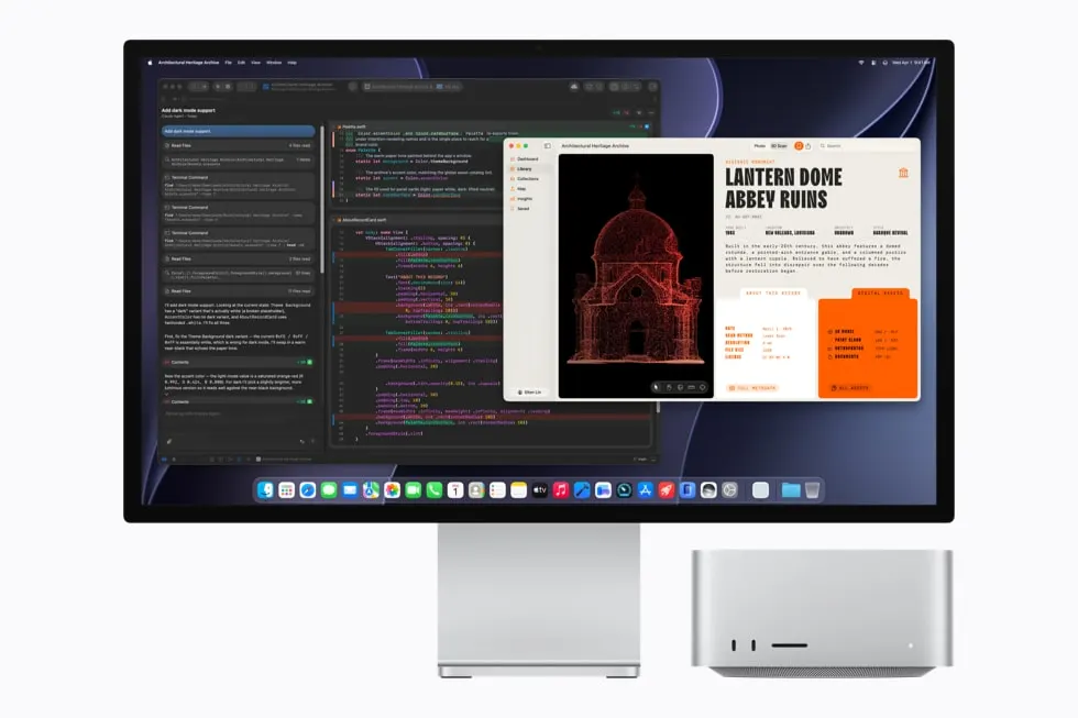 Apple's Mac Studio beside a display showing Xcode and an architecture project