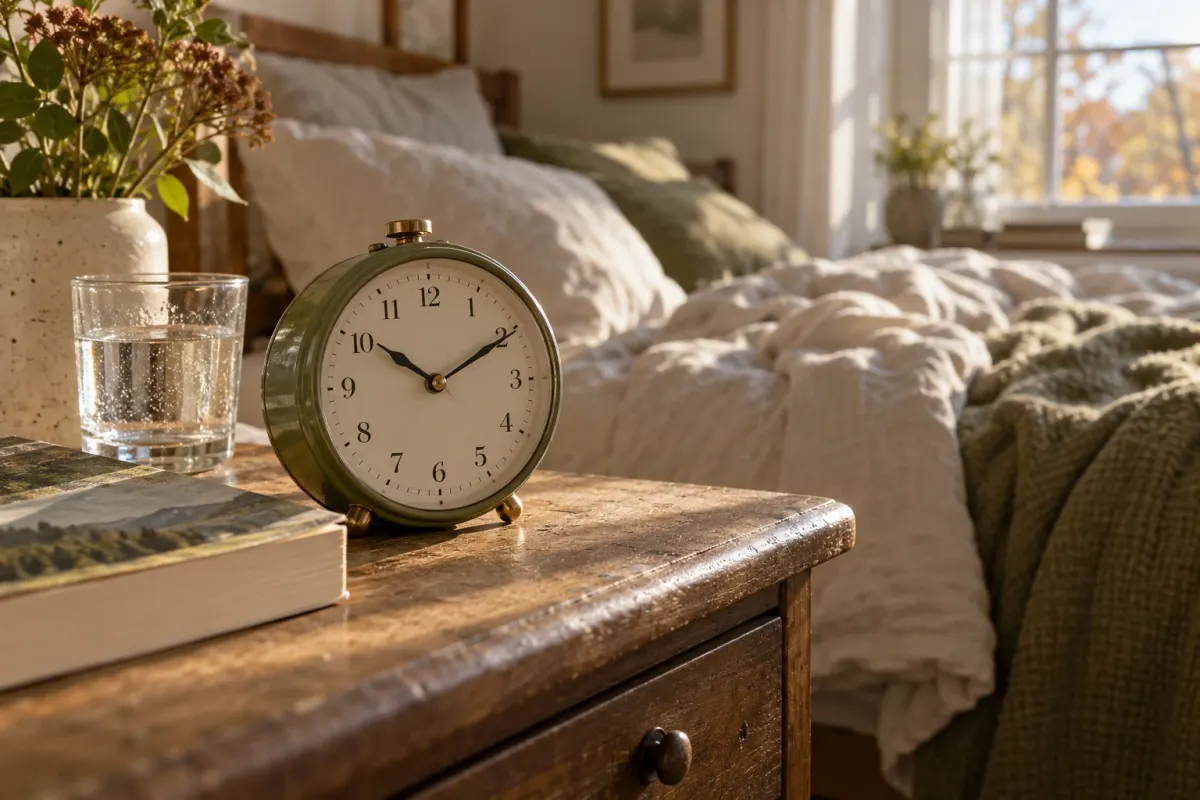 An analog alarm clock on a bedside table in soft morning light