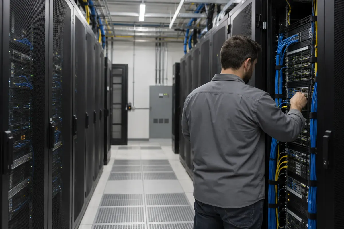 A technician checking cables in an aisle of server racks