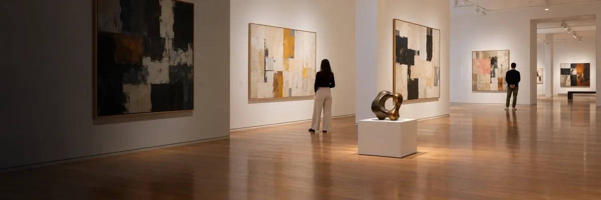 Visitors looking at art in a museum gallery