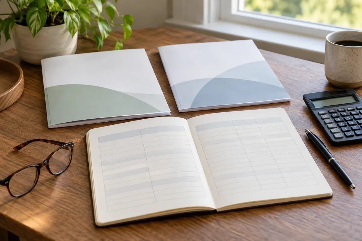 Blank plan booklets, a calculator and a comparison notebook on a table