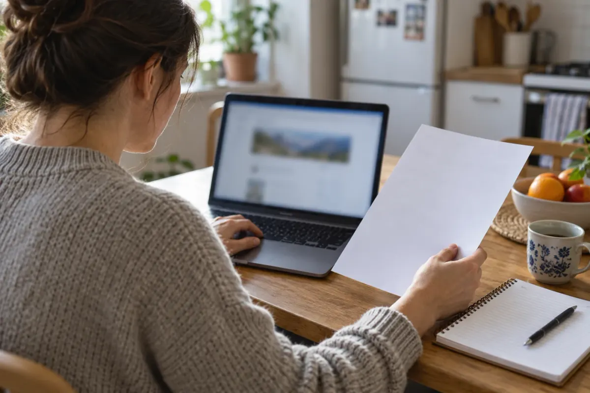 A person using a laptop beside paper at a table at home