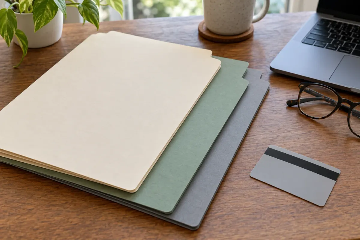 Three folders, a blank card and a laptop with glasses on a desk