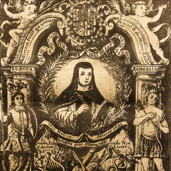 Engraved portrait of Sor Juana framed by elaborate religious and architectural decoration