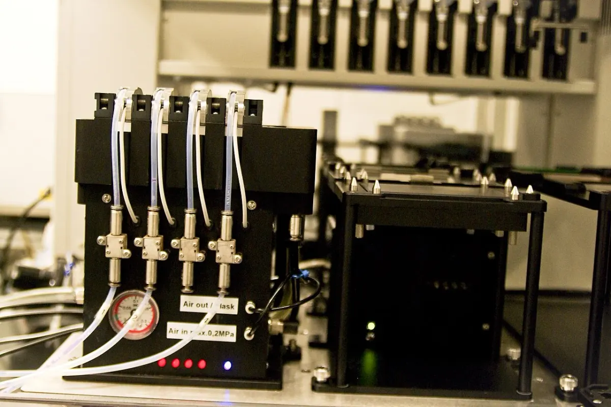 Pipetting channels and sample trays on a Biomek NXP laboratory robot