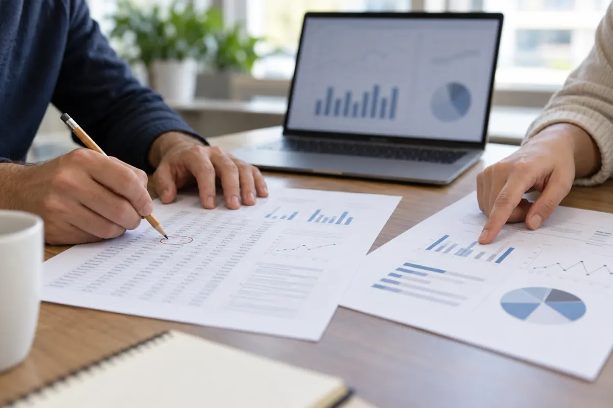 Two people comparing paper reports and illustrative charts beside a laptop