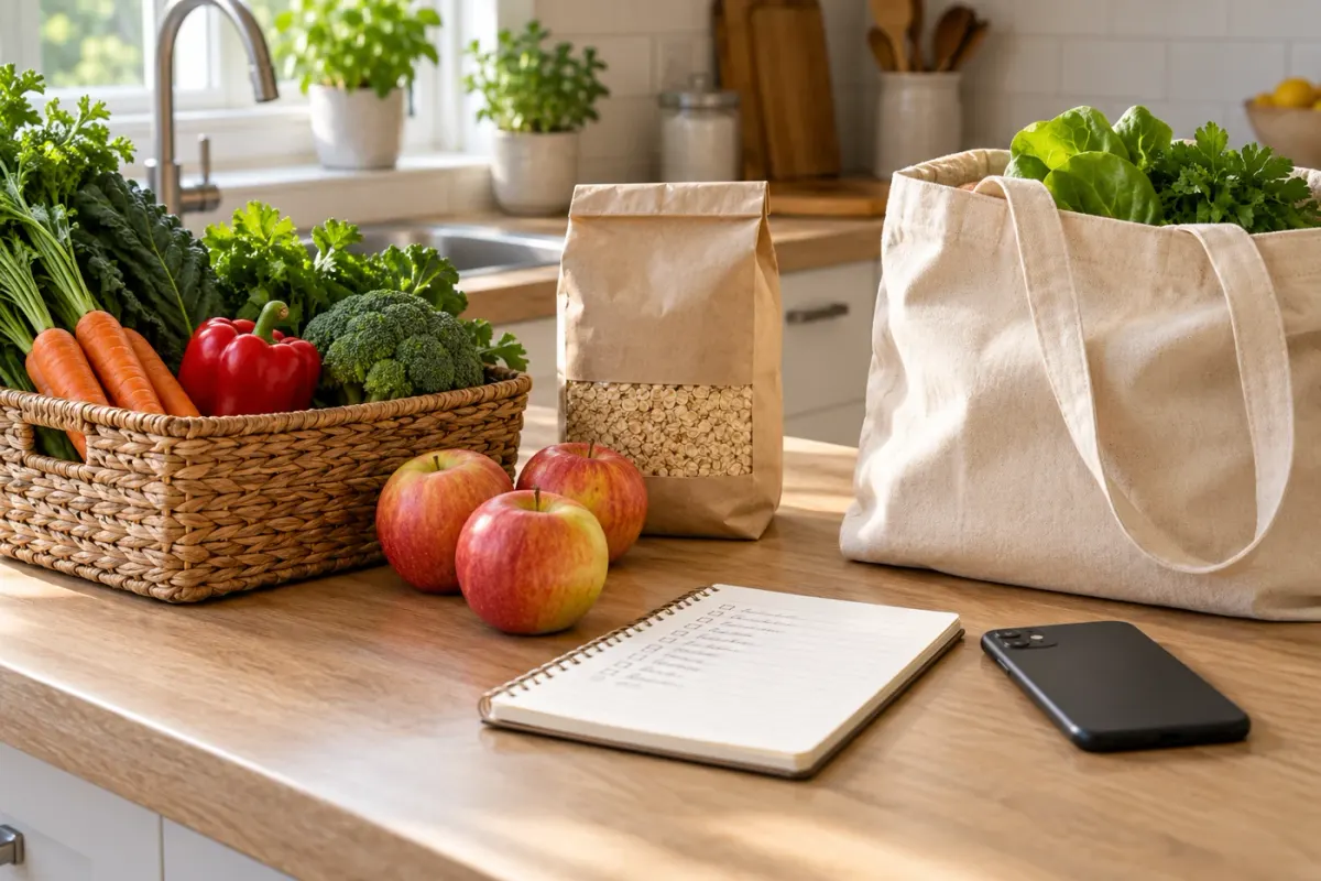 Groceries, a reusable shopping bag and a paper checklist on a kitchen counter