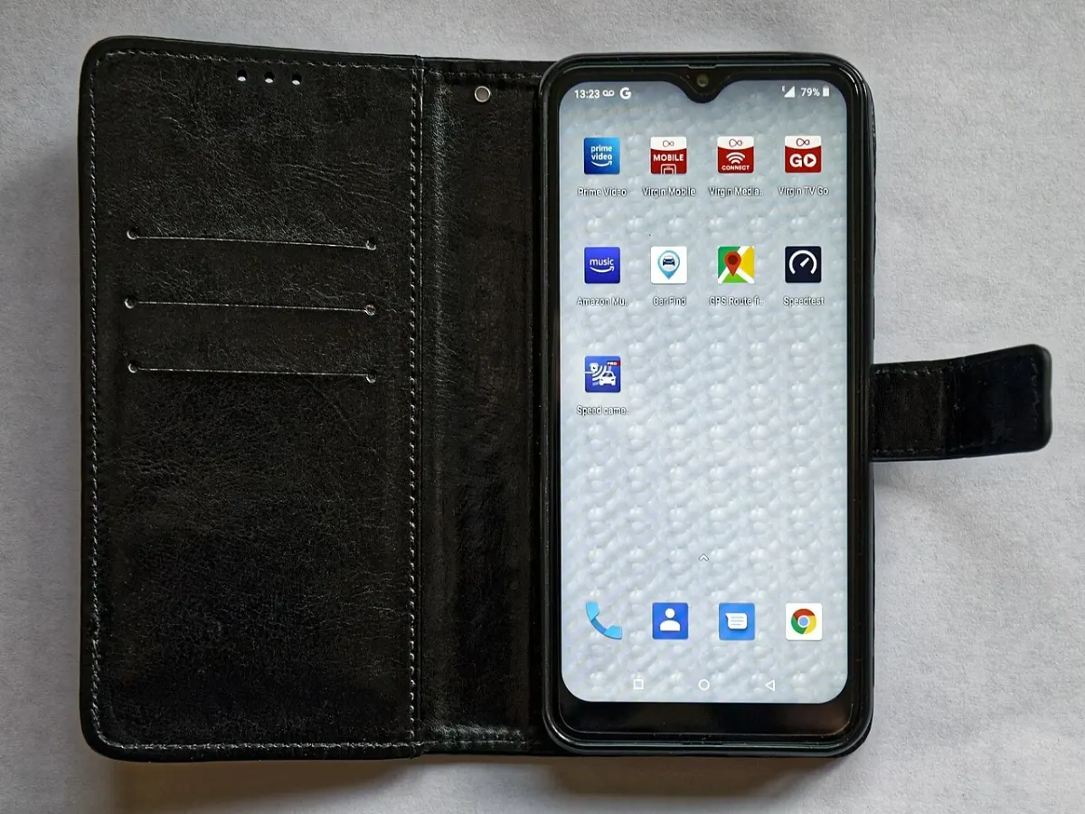 Blackview Android phone in an open black folio case