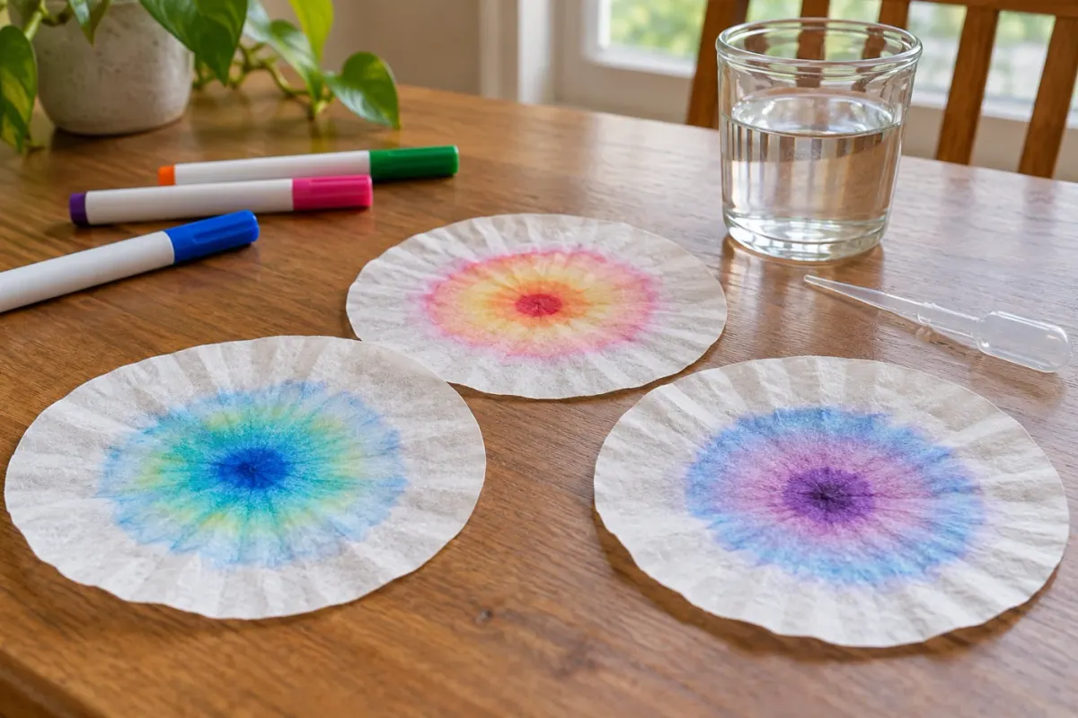 Three coffee filters with colored ink bands beside washable markers, water and a dropper