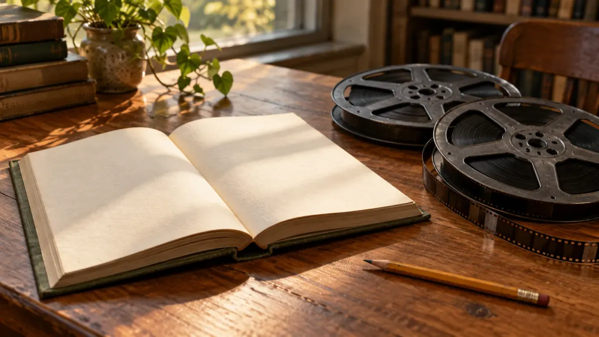 An open book, film reels and a pencil on a sunlit library table