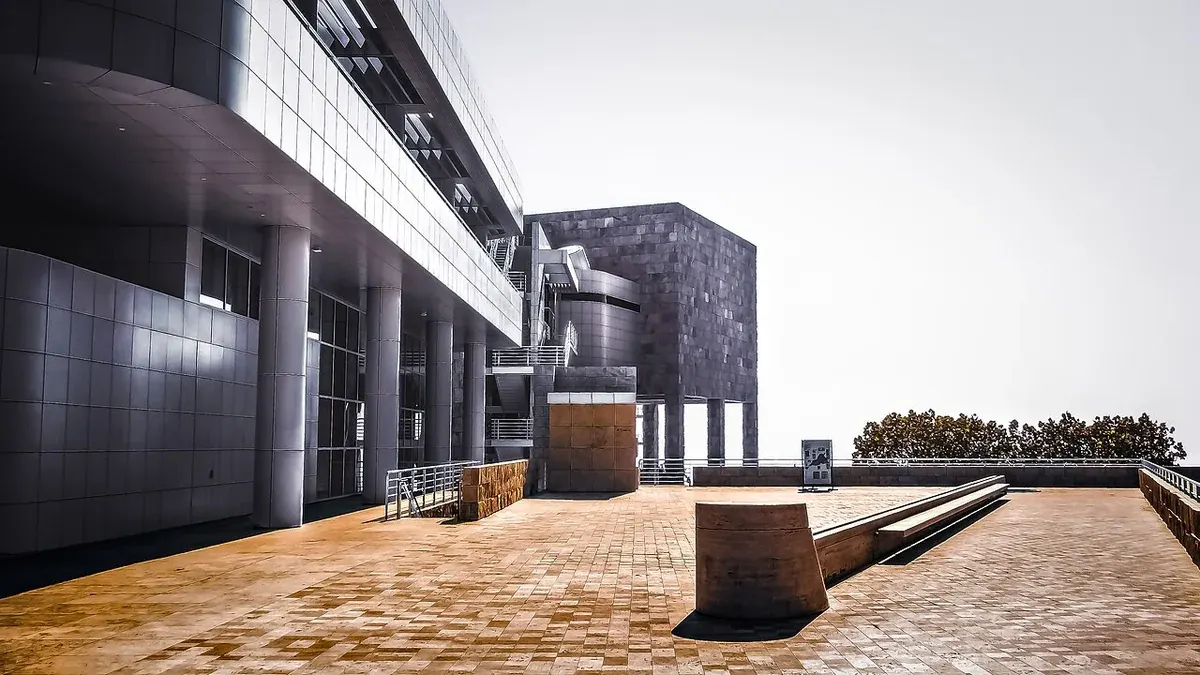 Exterior terraces and pale stone buildings at the Getty Center in Los Angeles