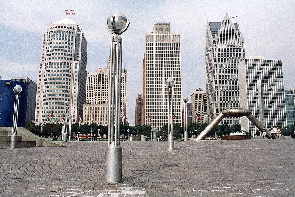 Hart Plaza and the Detroit skyline in a location photograph