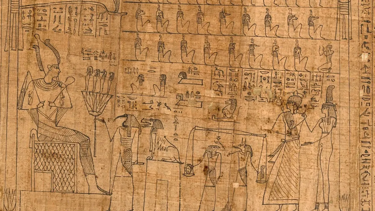 Detail of the Getty Museum papyrus of Pasherashakhet, with columns of writing and illustrated figures