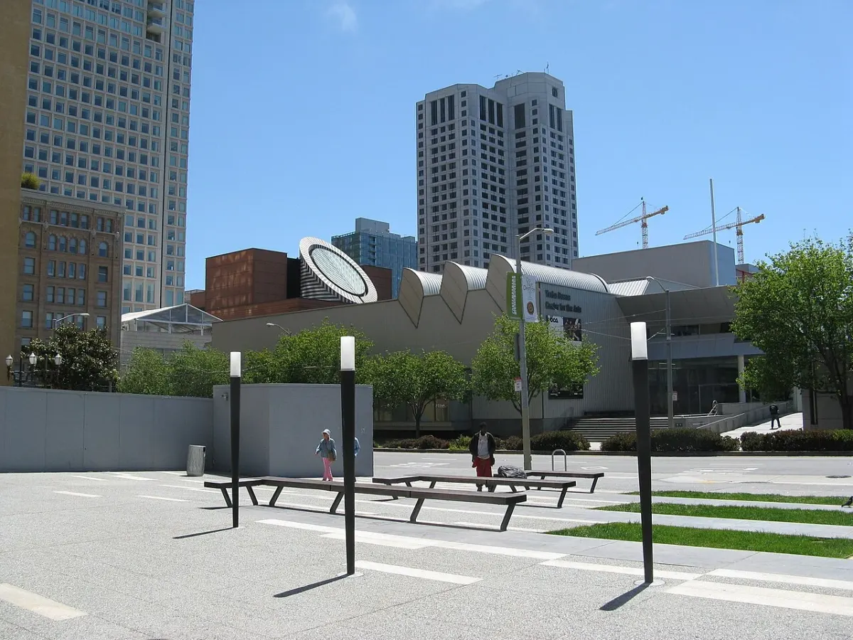 Exterior of the San Francisco Museum of Modern Art viewed from a nearby plaza