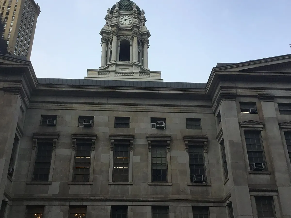 Brooklyn Borough Hall facade and clock tower photographed in January 2023