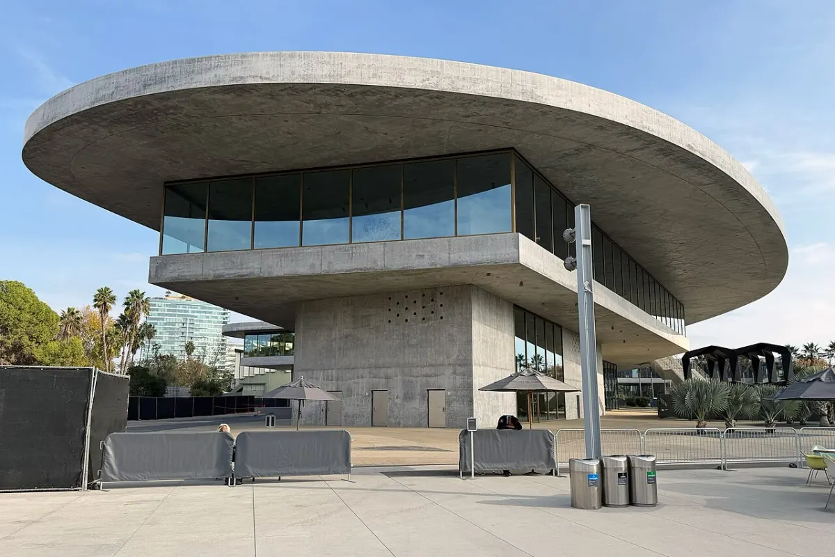 The David Geffen Galleries exterior at LACMA; a photograph of the museum campus