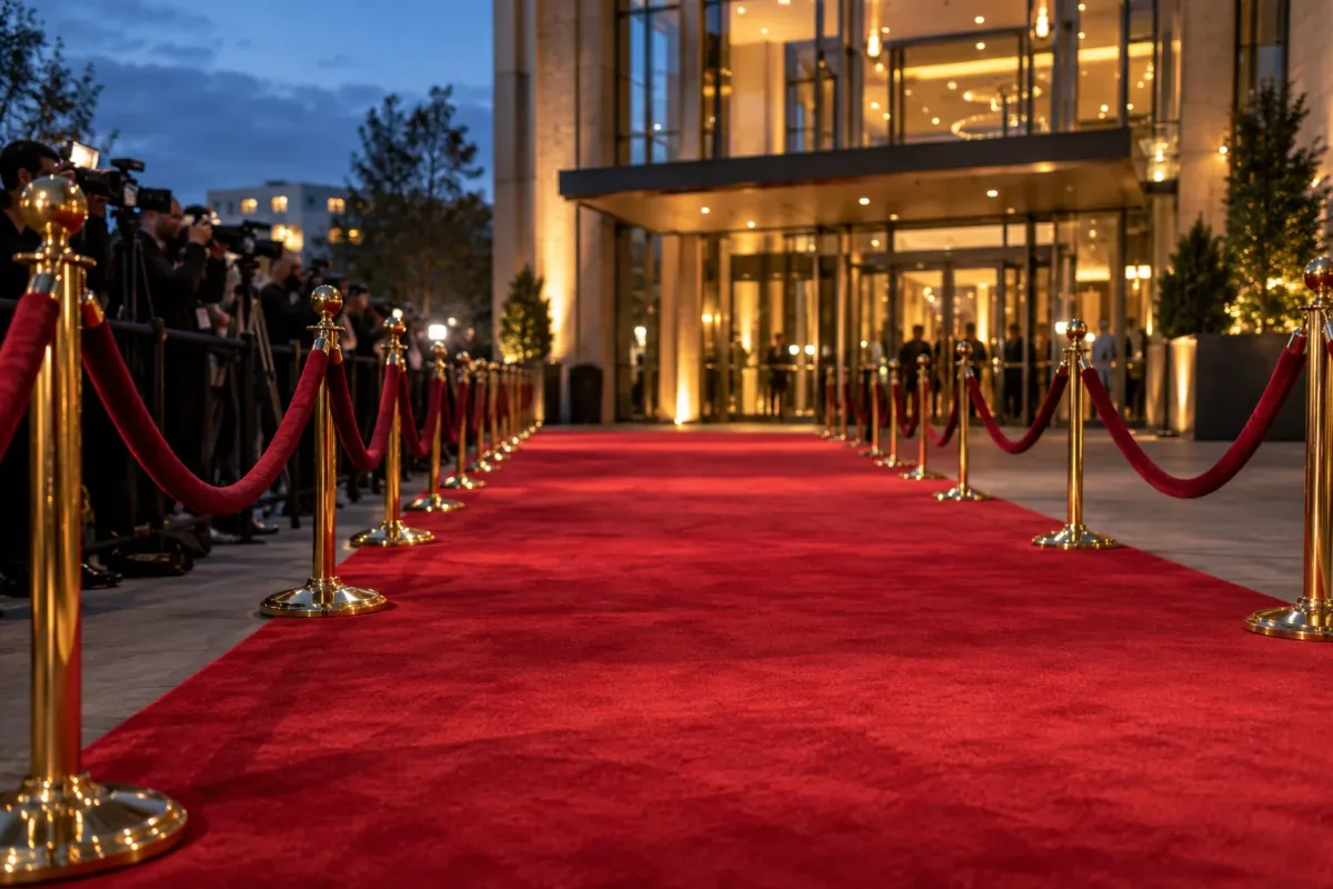 An empty red carpet between velvet ropes outside an evening event