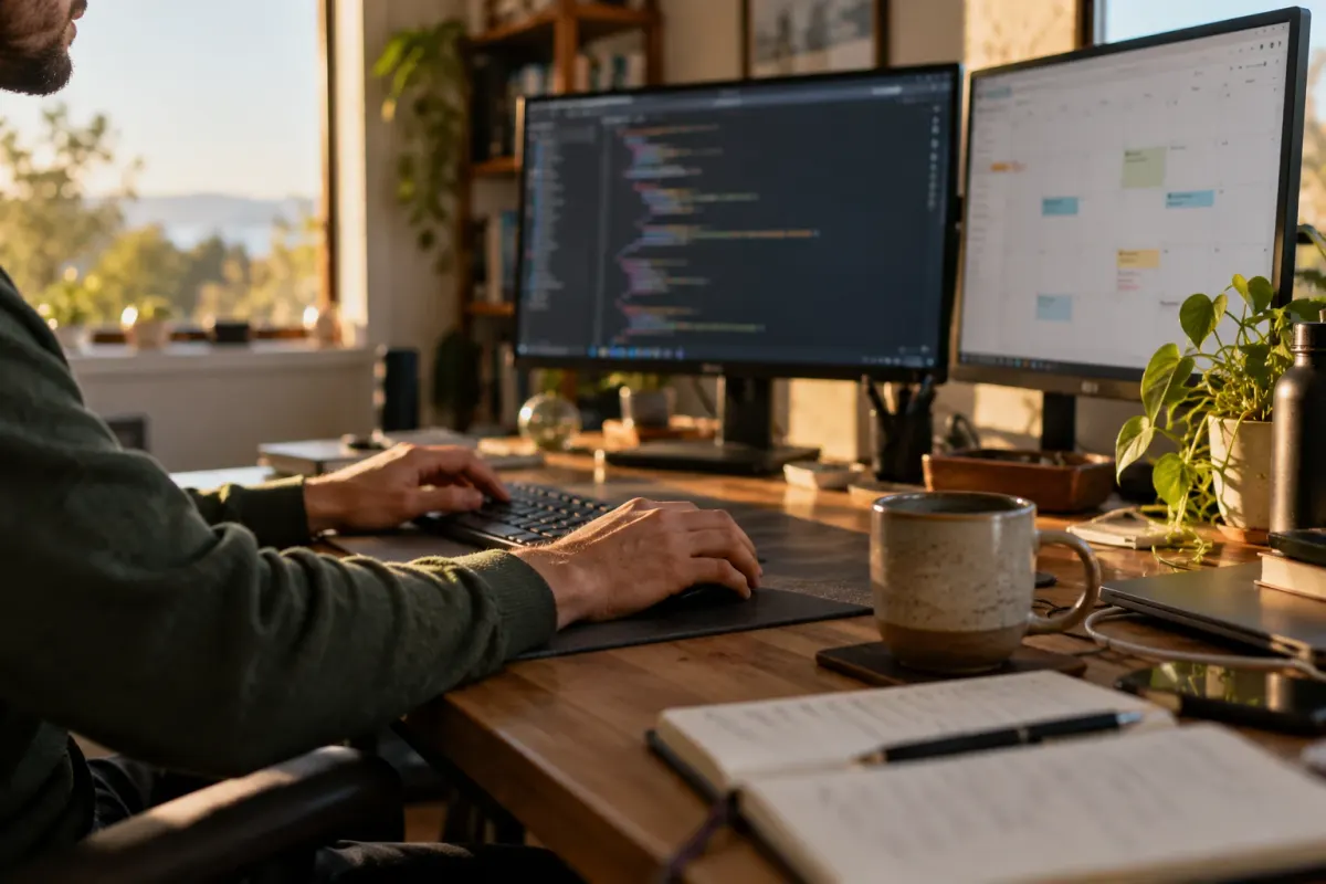 A developer working with code and a calendar on two desktop monitors