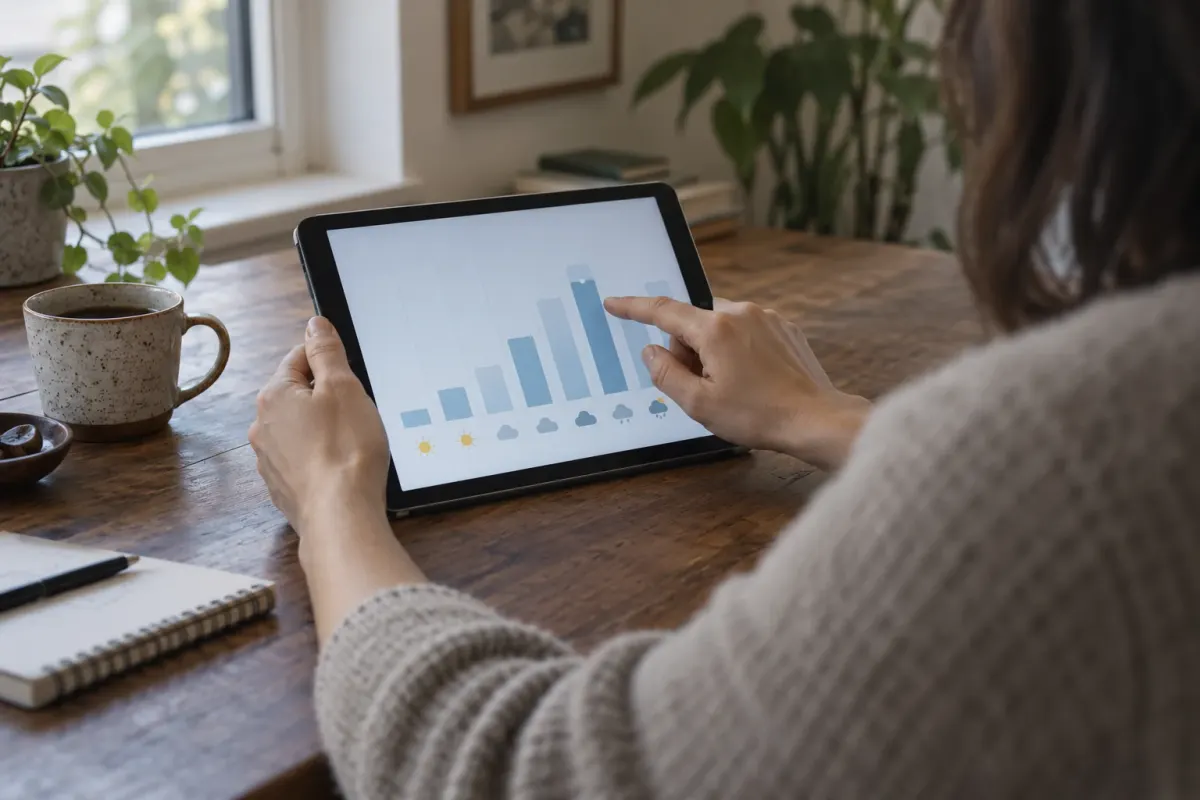 A person exploring an interactive chart on a tablet at a wooden desk