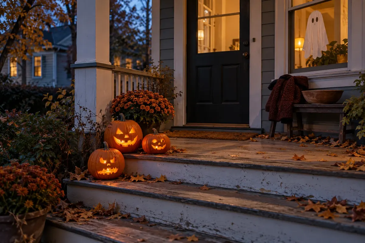 A neighborhood porch with carved pumpkins and autumn leaves at dusk
