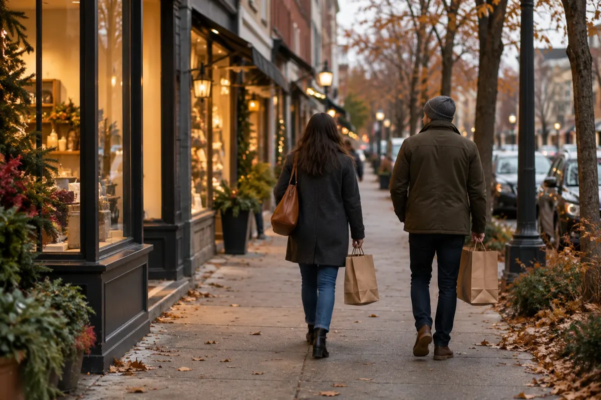 Two shoppers carrying plain paper bags along a neighborhood shopping street in autumn