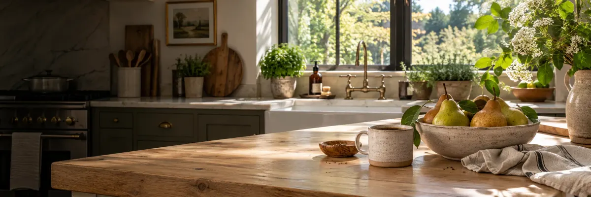 Coffee and fruit on a kitchen counter in window light