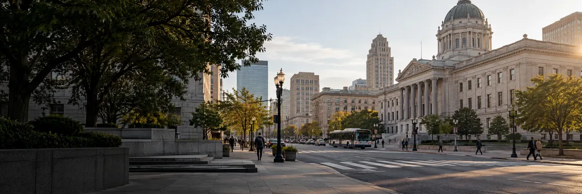 An American civic square in morning light
