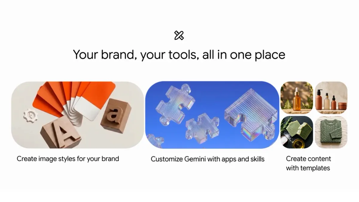 Google's launch graphic showing brand styles, apps and skills, and content templates for small businesses