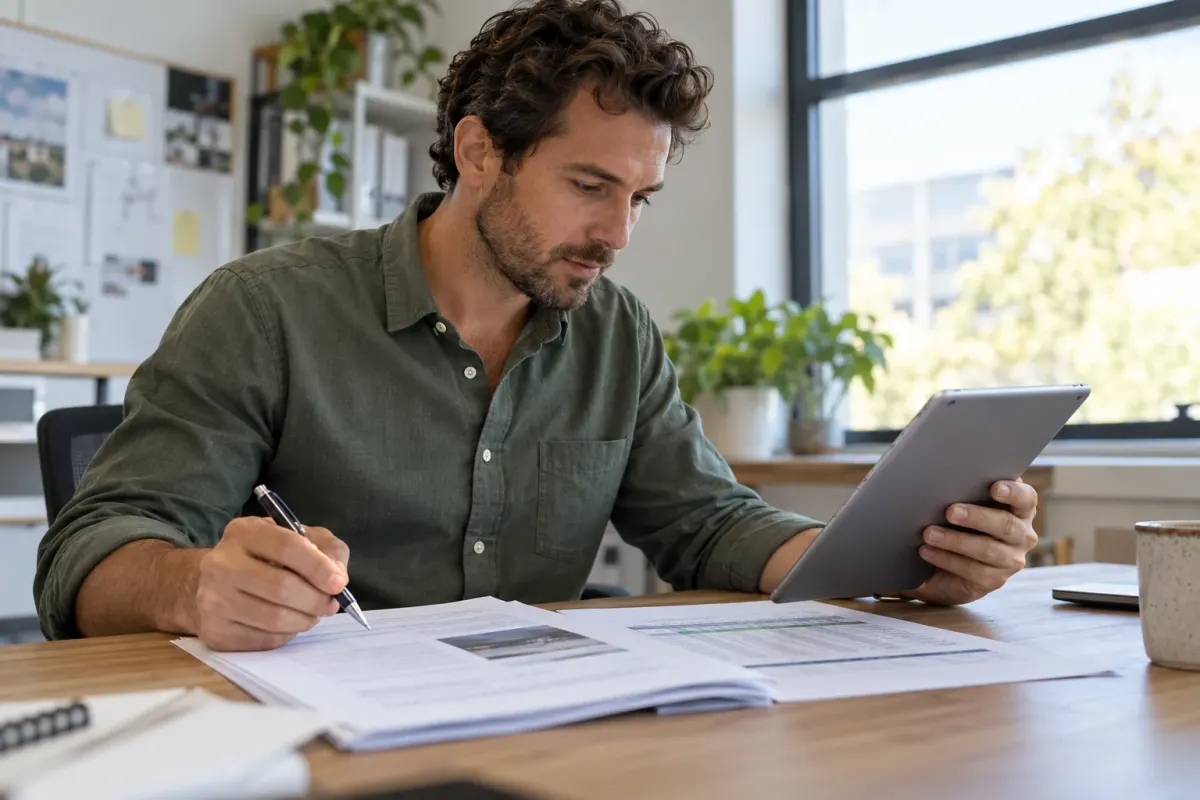 A project coordinator reviewing a tablet beside printed documents and a spreadsheet