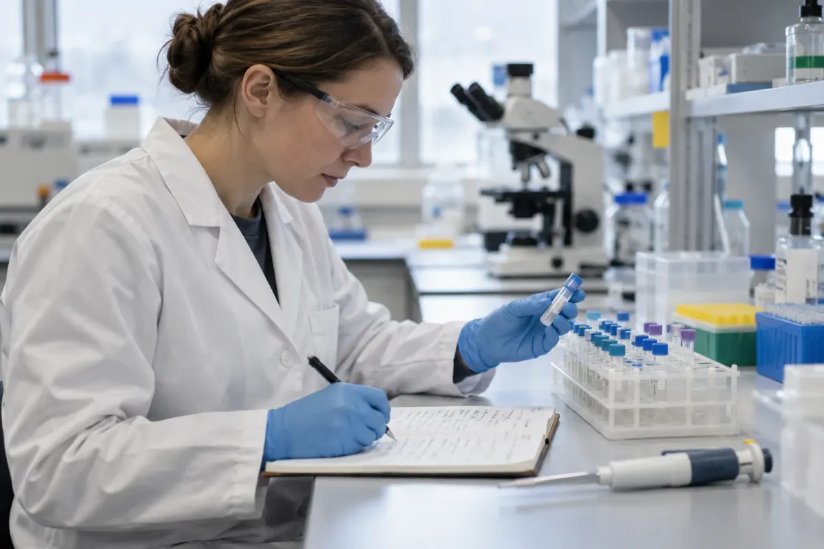 A laboratory researcher checking sample tubes against written research notes