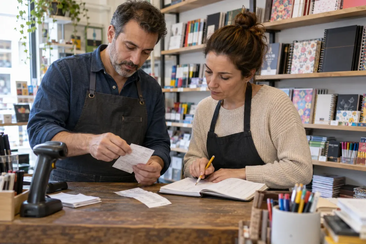 Two shop staff comparing receipts and sales records at a stationery-store counter