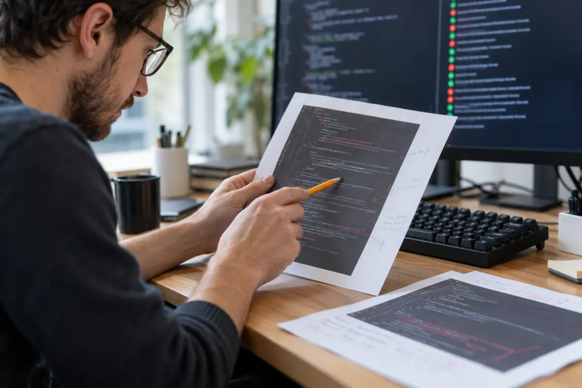 A software engineer reviewing a printed code listing beside a desktop monitor