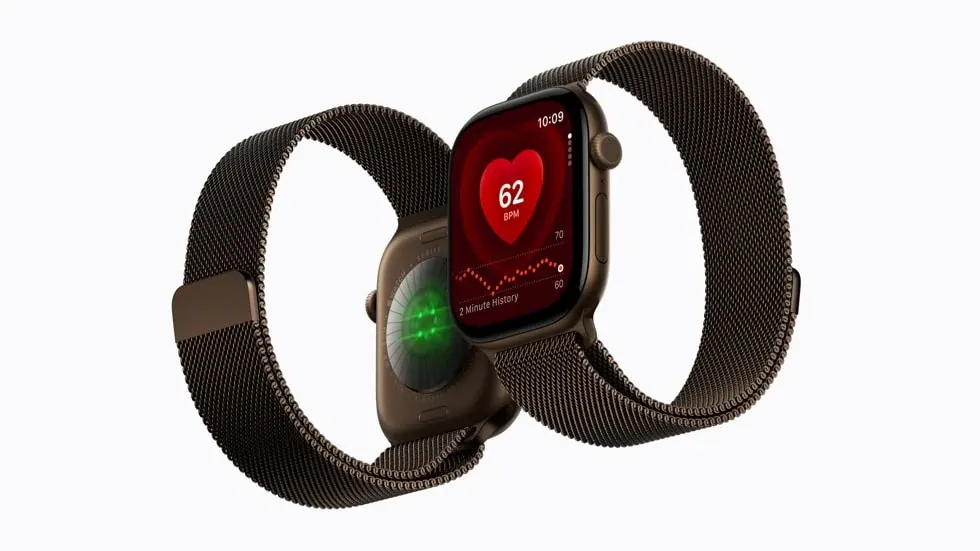 Apple's official image of two Watch Series 12 devices showing the heart rate screen and rear sensors