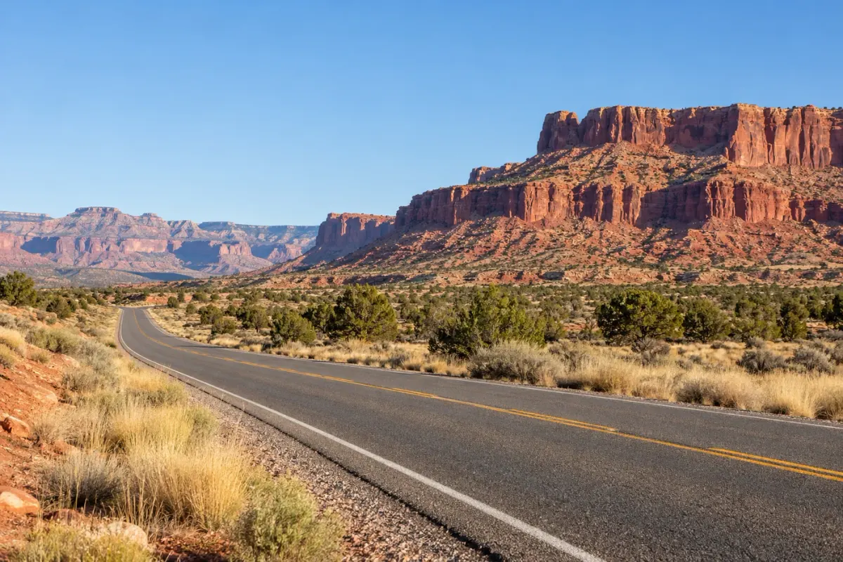 A desert road leading toward red mesas
