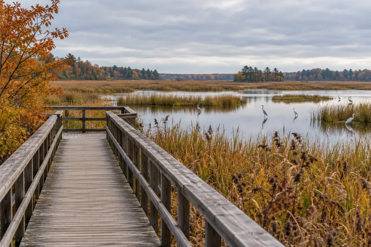 A wooden boardwalk crossing an autumn marsh