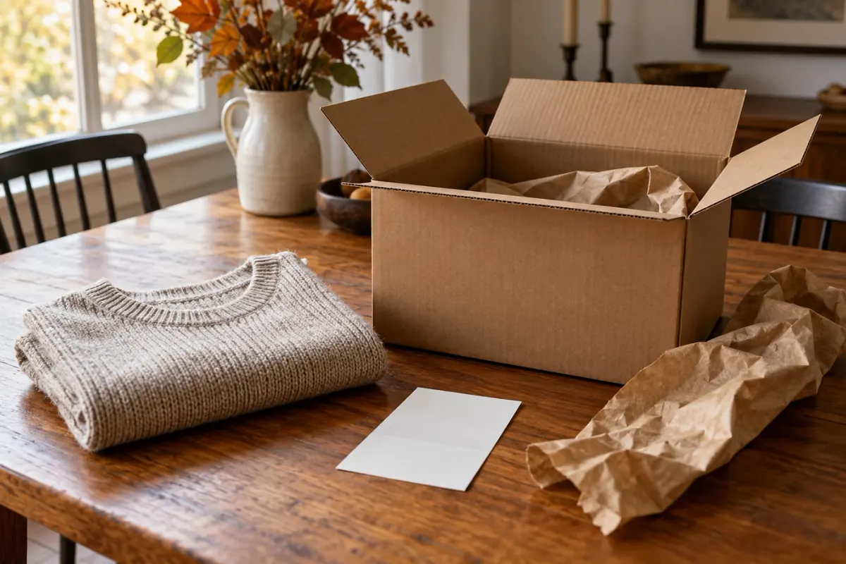 An open cardboard box holding a folded sweater beside a blank gift receipt