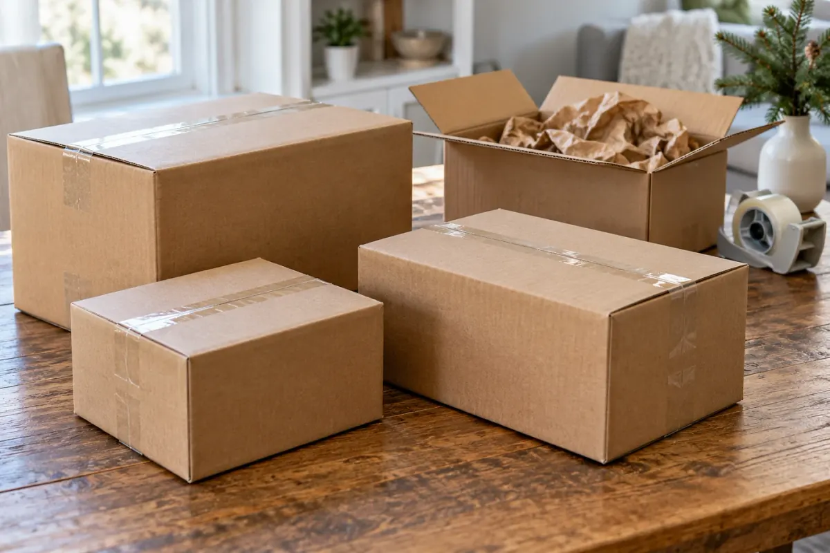 Unbranded cardboard parcels and packing paper arranged on a table