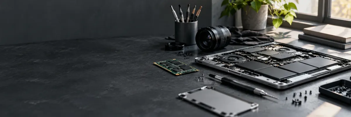 Laptop components and precision tools on a technology workbench