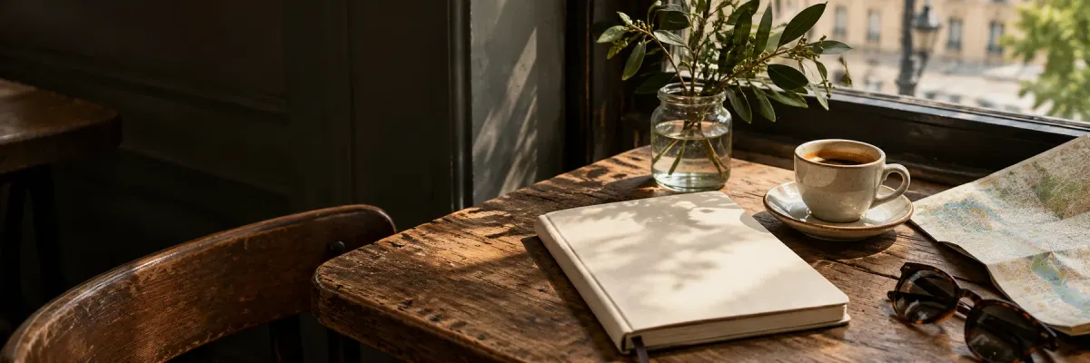 A notebook and espresso on a café table