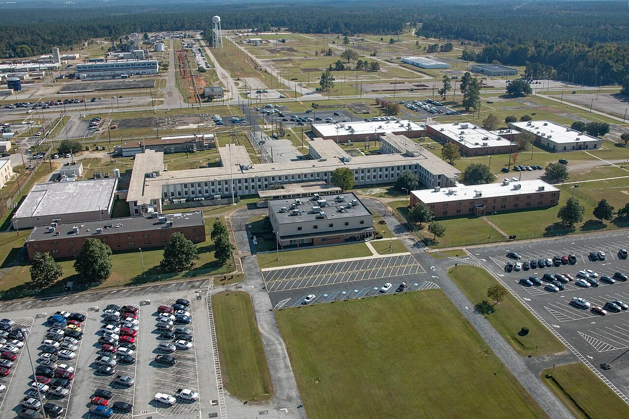 Aerial view of office and laboratory buildings and parking lots in A Area of the Savannah River Site