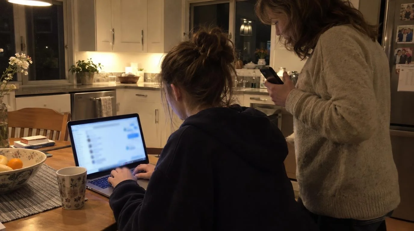 A teenager types on a laptop at a kitchen table in the evening while a parent stands nearby looking at a phone